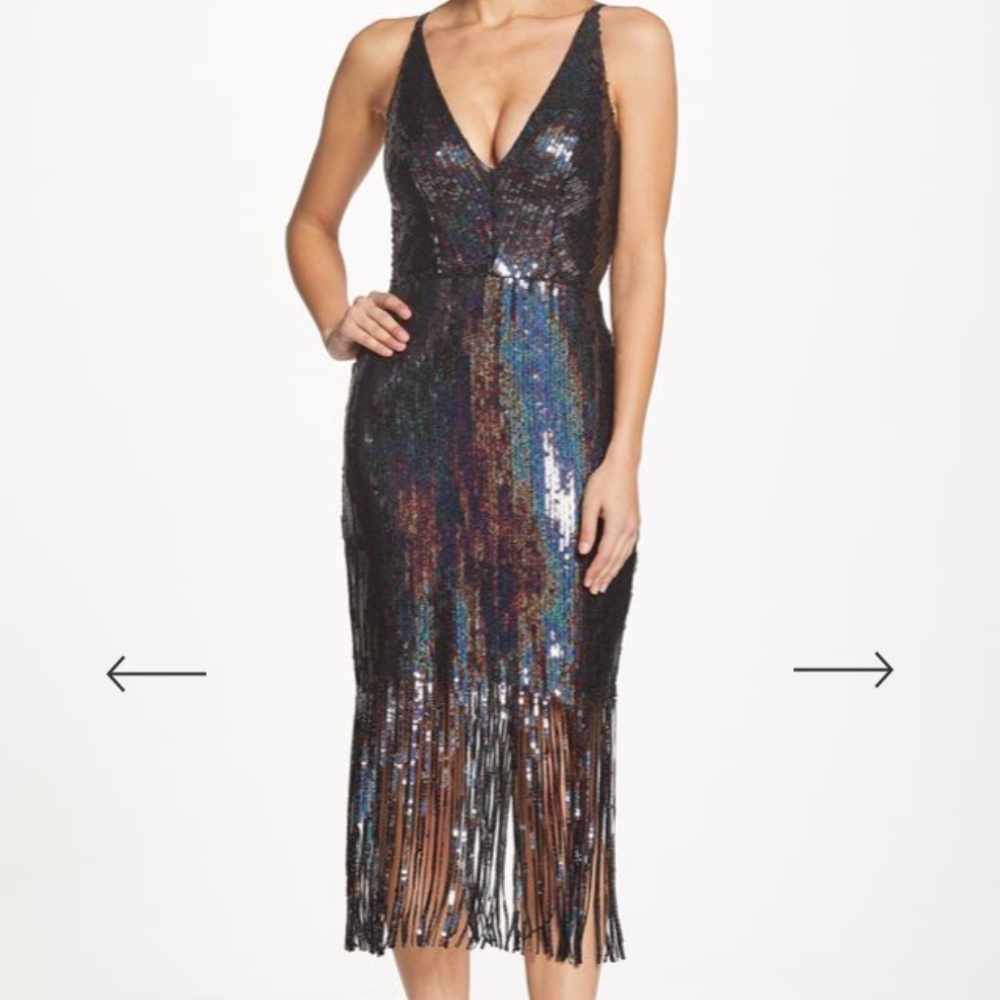 Dress the Population Black Iridescent Sequin Fringe Midi Dress